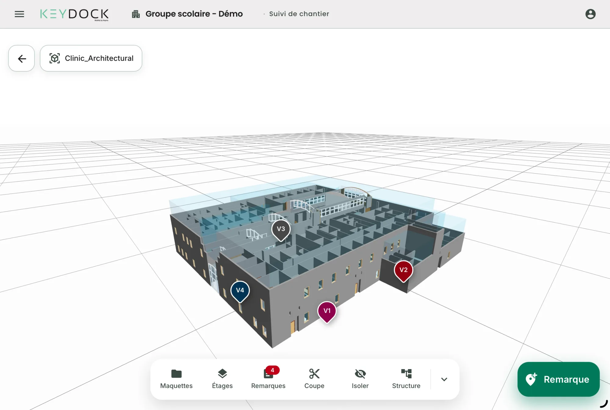 The tablet app showing a clinic's 3D model, with four site issues pinned to its walls and colored by priority.